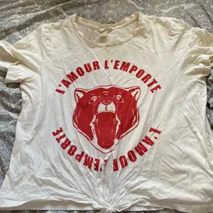 En T-Shirt som inte är använd,från H&M en vitt          T-Shirt med ett rött tryck som ska va en Björn med text.