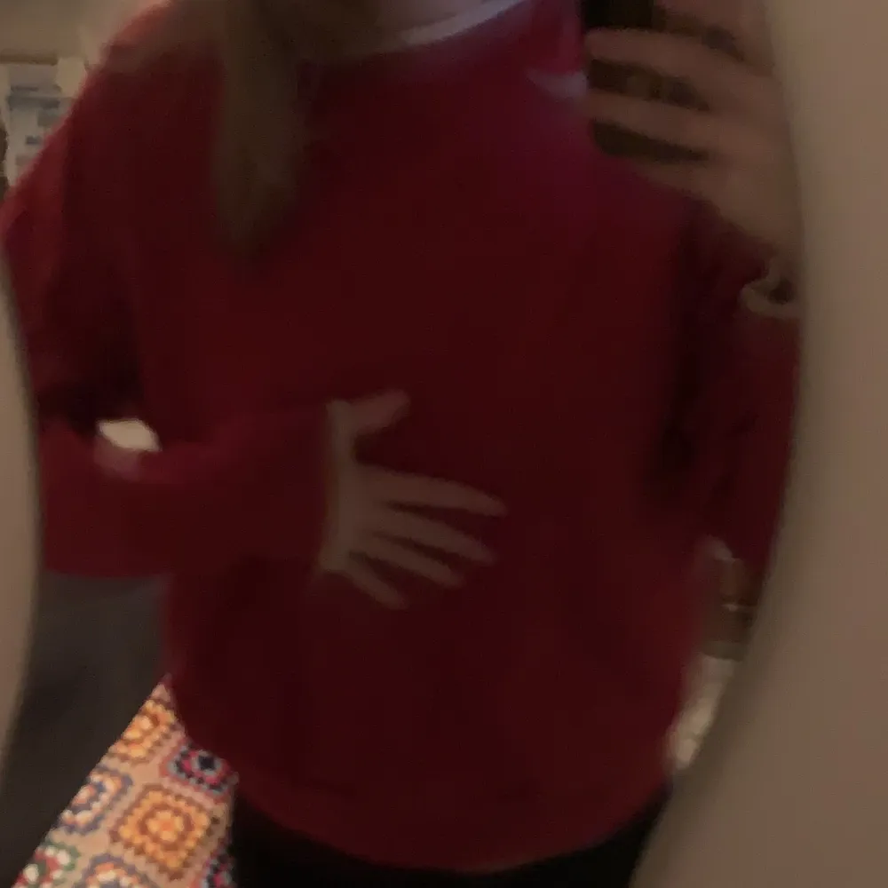 Röd sweatshirt i storlek m/l skulle jag säga. Lite urtvättad men inte så farligt är bekväm!. Hoodies.