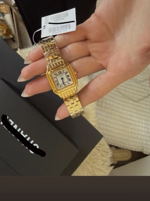 Guldfärgad Panthère klocka - Säljer en elegant guldfärgad Panthère klocka med fyrkantigt ur och klassiskt armband i metall. Urtavlan är vit med svarta romerska siffror och blå visare. Perfekt för dig som vill ha en lyxig accessoar med tidlös design. (Lilla modellen) (Stainless Steel - Water Resistant) 