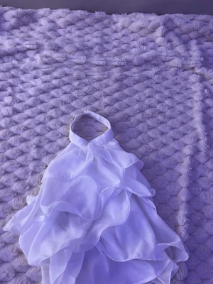 Vit volang halterneck topp - Säljer en vit halterneck topp med flera lager av volanger. Toppen är ärmlös och har en luftig, flowy känsla som ger en riktigt snygg look. Perfekt för dig som vill sticka ut med en unik och trendig stil. Aldrig använd bara testad.