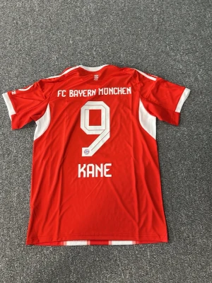 Bayern München Kane matchtröja - Röd och vit Bayern München matchtröja från Adidas med tryck 'KANE 9' på ryggen. Tröjan har klubbmärke och sponsorlogga på bröstet, samt vita detaljer och ränder på axlarna. Perfekt för dig som älskar fotboll och vill stötta ditt lag.