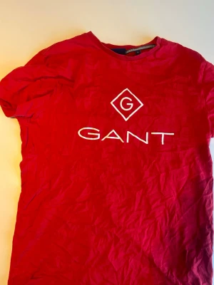 Röd GANT t-shirt med logga - Snygg röd t-shirt från GANT med stor vit logga och G-symbol på bröstet. Klassisk rund hals och korta ärmar. Tillverkad i mjuk bomull som känns skön mot huden. Perfekt för en avslappnad och stilren look.