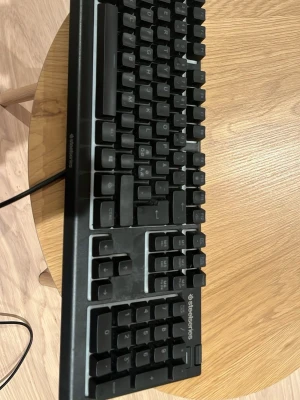 SteelSeries svart mekaniskt tangentbord - Säljer ett svart mekaniskt tangentbord från SteelSeries med USB-anslutning. Tangentbordet har en klassisk design med tydliga vita bokstäver på knapparna och robust plastmaterial. Perfekt för gaming eller arbete vid datorn. Men har även rgb lysning den är riktigt skön att köra Fortnite med 