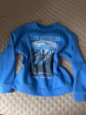 Blå sweatshirt från SHEIN - Blå sweatshirt från SHEIN med tryck av snöiga berg och texten 'LOS ANGELES' framtill. Tröjan har rund halsringning och långa ärmar. Perfekt för en avslappnad streetstyle-look. Storlek L men passar perfekt som en oversize tröja till mig som normaltsätt är S