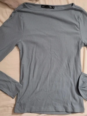 Ljusblå ribbad långärmad topp - Säljer en ljusblå ribbad långärmad topp från H&M. Toppen har en enkel, stilren design med rund halsringning och är tillverkad i mjuk bomullsmix. Perfekt att matcha med jeans eller kjol för en avslappnad look.