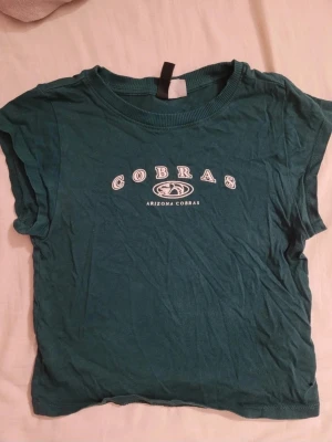 Grön t-shirt Arizona Cobras - Snygg grön t-shirt med trycket 'COBRAS' och 'ARIZONA COBRAS' på bröstet. Klassisk rund halsringning och korta ärmar. Perfekt för en avslappnad och sportig stil. Litet hål på sidan av magen, syns knappt, cq en tredjedels storlek av lillfinger toppen. 