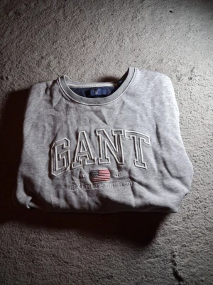 Grå hoodie från GANT med broderi - Snygg grå hoodie från GANT med stort broderat GANT-tryck och amerikansk flagga på bröstet. Klassisk rund halsringning och mjukt material som känns skönt mot huden. Perfekt för en avslappnad och stilren look.