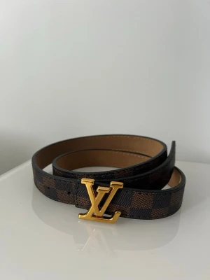 Louis Vuitton rutigt bälte med LV-spänne - Snyggt bälte från Louis Vuitton i brunt och svart rutigt mönster. Bältet har ett ikoniskt LV-spänne i guld och är gjort i skinn med en lyxig känsla. Perfekt accessoar för att lyfta din outfit.