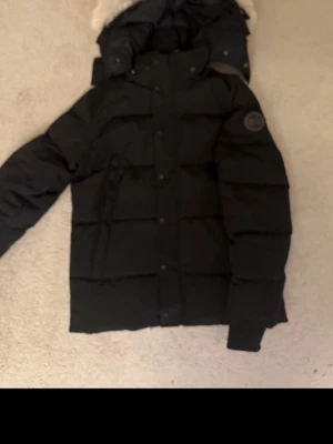 Canada goose svart - Säljer en svart dunjacka från Canada Goose med pälskantad huva och tydlig logotyp på ärmen. Jackan har en klassisk, vadderad design med knappar och dragkedja framtill. Perfekt för kalla vinterdagar och riktigt snygg till alla outfits.