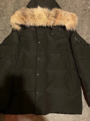 Svart dunjacka från Canada Goose - Säljer en svart dunjacka från Canada Goose med avtagbar pälskant på huvan och klassisk logotyp på ärmen. Jackan har flera fickor, dragkedja och tryckknappar framtill. Perfekt för kalla vinterdagar och riktigt snygg streetstil.