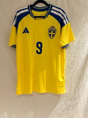 Svensk landslagströja 2026 - Såljer en gul svensk landslagströja med Isak nummer 9 på ryggen. Tröjan har blå och vita ränder på axlarna och är tillverkad i lätt och ventilerande material, perfekt för fotboll eller träning.
