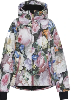 Molo  - Säljer ett par täckbyxor med tillhörande jacka i ett färgstarkt blommönster med rosa, vita och blå toner. Setet har dragkedjor i kontrastfärg och svarta detaljer vid ärm- och benslut. Perfekt för dig som vill sticka ut i backen med en unik look.