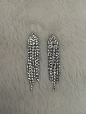 Silvriga strassörhängen med fransar - Säljer ett par glittriga örhängen i silverfärg med flera rader av strass som hänger i fransar. Örhängena har en droppformad topp och ger ett riktigt statement-intryck. Perfekta för dig som vill sticka ut och addera extra bling till din look.