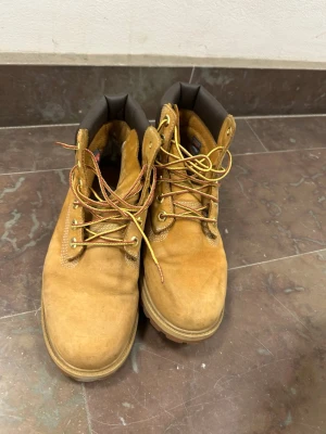 Timberland klassiska kängor - Säljer ett par ikoniska gula Timberland-kängor i mocka med bruna detaljer och kraftig sula. Skorna har guldfärgade metallhål för snörningen och vadderad brun kant runt ankeln. Om man putsar upp dem blir dem som nya!