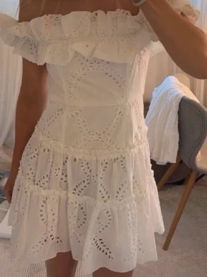 Vit hålbroderad offshoulder klänning - Super snygg o eftertraktad klänning ifrån Zara, Perfekt till student avslutning eller liknande. Helt ny med prislapp.  Hör av dig vid fler frågor💕    Klänningen är fel markerad!!  Står storlek L men är en strl S. Är 160 som referens.