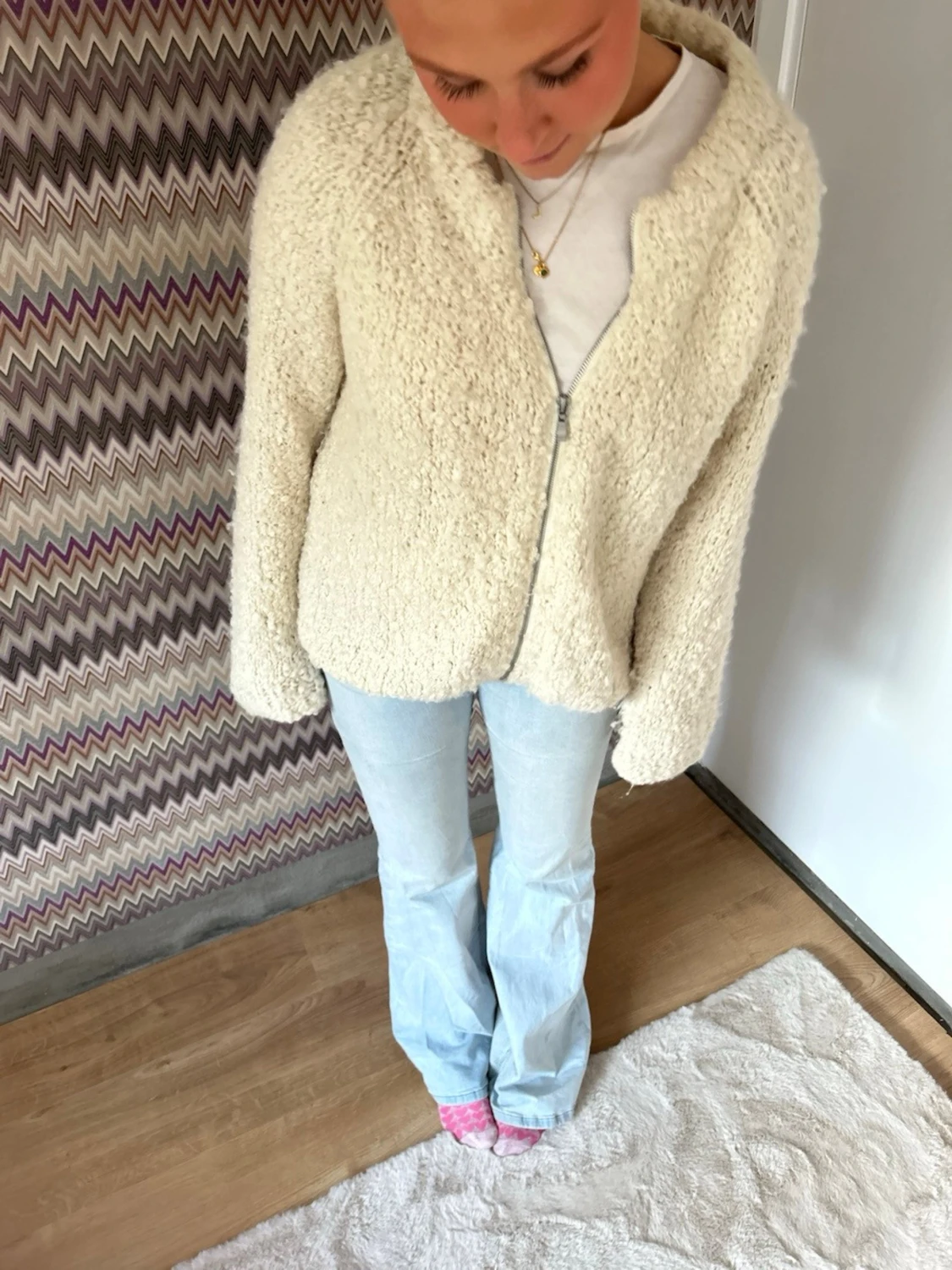 Krämvit teddykofta med dragkedja - 1