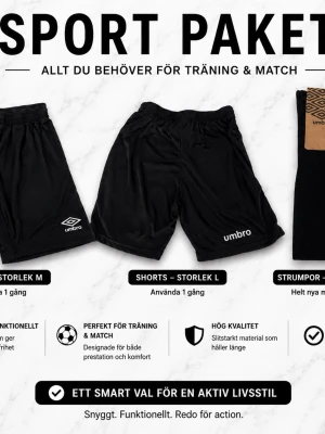Sportpaket – Shorts + fotbollsstrumpor - Säljer ett riktigt snyggt och praktiskt sportpaket perfekt för träning, gym eller fotboll! 🔥 Paketet innehåller ett par Umbro-shorts samt ett par Umbro fotbollsstrumpor.  ✅ 1 par shorts i storlek M ✅ 1 shortsen är endast använda 1 gång ✅ Fotbollsstrumpor storlek 40–44 – helt nya med etikett kvar ✅ Lätt, bekvämt och funktionellt material ✅ Perfekt för både träning och match  Ett sjukt bra paket för dig som vill ha både stil, komfort och kvalitet till ett bra pris