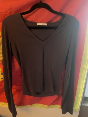 Mörkgrå ribbad topp från Zara - En stilren mörkgrå ribbad topp från Zara med v-ringning och långa ärmar. Perfekt att matcha med jeans eller kjol för en enkel men snygg look. Materialet är mjukt och stretchigt för extra komfort.