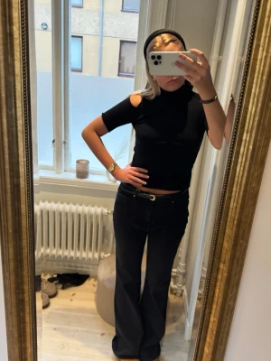Svart ribbad croppad polotopp - Säljer en svart ribbad croppad polotopp med korta ärmar och snygga cut-out detaljer vid axlarna. Toppen har en tight passform och är tillverkad i ett mjukt, stretchigt material som sitter skönt mot kroppen. Perfekt för dig som gillar trendiga och stilrena plagg.