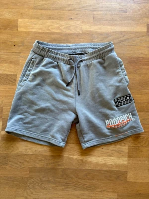 Gråa Hoodrich shorts - Säljer ett par gråa shorts från Hoodrich med snörning i midjan och broderad logga på vänster ben. Shortsen har sidofickor och är tillverkade i mjukt material, perfekta för en avslappnad stil.