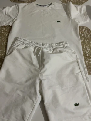 Vitt set från Lacoste med t-shirt & shorts - Säljer ett vitt set från Lacoste med en klassisk t-shirt och matchande shorts. Båda plaggen har den ikoniska gröna krokodilloggan. T-shirten har rund hals och kort ärm, shortsen har resår och dragsko i midjan. Perfekt för en avslappnad och sportig look. Sänker ej priset!