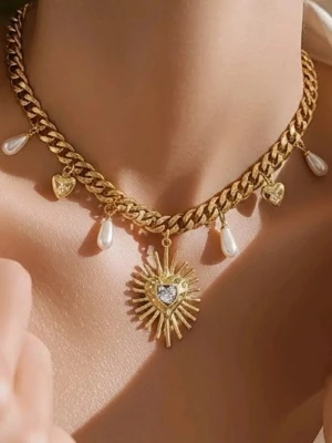 18K guldpläterat halsband med pärlor och hjärta  - Material-18K guldpläterat rostfritt stål 304 och Zirconia kristall. Kedjetjocklek-7mm. Högkvalitativt #14