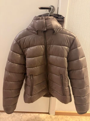 Brun pufferjacka med huva - Snygg brun pufferjacka med hög krage och avtagbar huva. Jackan har två dragkedjeförsedda fickor framtill och stängs med dragkedja. Quiltad design och lätt glansigt material ger en modern look. Perfekt för kalla vinterdagar.
