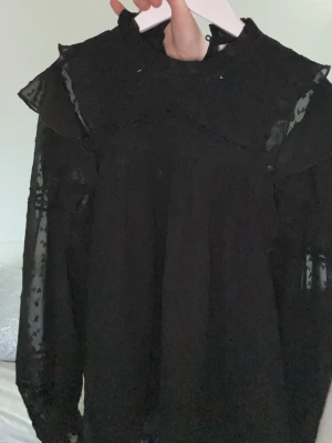Svart volangblus från Gina Tricot - Snygg svart blus från Gina Tricot med volangdetaljer vid axlar och krage. Blusen har transparenta, mönstrade långärmar och en hög krage som ger en trendig look. Perfekt att styla med jeans eller kjol för en cool outfit.