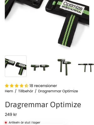 Dragremmar Optimize svart/grön (slutsålda online) - Säljer ett par svarta dragremmar med gröna ränder från Optimize Sports Nutrition. Remmarna är tillverkade i slitstarkt tyg med vadderade partier för extra komfort och har tydlig logotyp på etiketten. Perfekta som träningsaccessoar för gymmet. Det är slutsålda online och mina är använda en gång därför säljer
