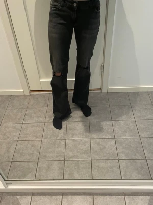 Svarta bootcut jeans från Nelly - Snygga svarta bootcut & lågmidjade jeans från Nelly. Hål på båda byxbenen på knät. Har bara använts några få gånger. Lite oklar storlek men jag är 162 cm lång och de passar bra på mig men lite korta. Uppsydda med ca 2 cm. Ordinarie pris: 600-700 kr