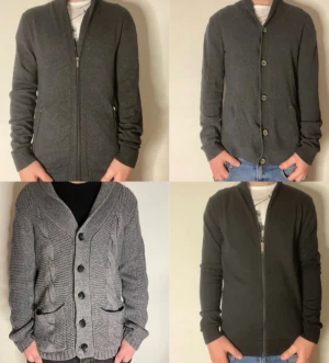 Fyra grå koftor med dragkedja och knappar - Fyra olika grå koftor i varierande stickning och design. Två har dragkedja och två har knappar, varav en med grov kabelstickning och fickor. Alla har lång ärm och krage. Perfekta för lager på lager och en clean look.