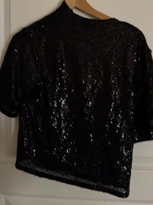 Svart paljett topp med kort ärm - Snygg svart topp täckt med glittrande paljetter. Modellen är croppad med korta ärmar och rund halsringning. Perfekt för dig som vill sticka ut och glänsa lite extra. Passar till höga jeans eller kjol.