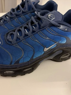 Nike Air Max Plus blå sneakers - Nike Air Max Plus sneakers i blått med svarta och silverdetaljer. Ovandelen är i mesh med hexagonmönster och vågformade linjer. Tjock sula med synliga Air-enheter och klassisk Swoosh-logga på sidan. Skön passform och sportig look.