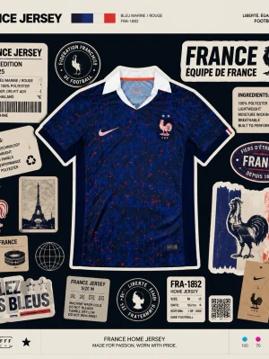 Frankrike hemmatröja Nike blå - Snygg blå hemmatröja för Frankrikes fotbollslandslag från Nike. Tröjan har ett unikt mönster i blått och rött, vit krage och röda detaljer. Tillverkad i lätt och fukttransporterande polyester, perfekt för fotboll och träning.