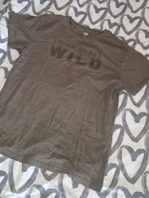 Tshirt - Säljer en t-shirt med texten 'SOUND OF THE WILD' i grönt framtill. T-shirten har rund halsringning och korta ärmar. Perfekt för dig som gillar naturinspirerade plagg och enkel stil. Ett litet hål på sidan-se sista bild.