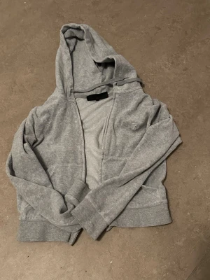 Grå hoodie från Juicy Couture XS - Snygg grå hoodie från Juicy Couture i storlek XS. Hoodien har dragkedja, fickor framtill och en liten broderad logga på bröstet. Tillverkad i mjukt och bekvämt material, perfekt för en avslappnad look. Klassisk huva med snören för justering.
