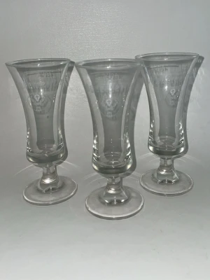 Tre Jägermeister shot glas  - 150kr för alla 3 Säljer tre stilrena Jägermeister genomskinligt glas med lätt utsvängd form och fot. Glasen har en graverad text och symbol på framsidan som ger en unik touch. Perfekta till samlingen eller för att servera snaps på festen.