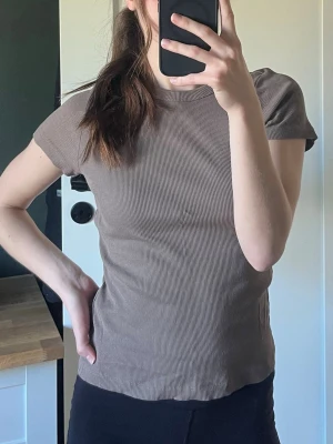 Brun ribbad t-shirt i bomull - Säljer en enkel brun ribbad t-shirt med korta ärmar. T-shirten har en rund halsringning och är tillverkad i mjuk bomull, perfekt för en avslappnad och stilren look.