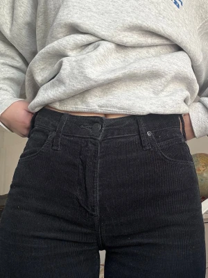 Svarta manchesterbyxor LEE - Säljer ett par svarta manchesterbyxor med slim fit och en liten bootcut. Mycket bra skick och säljs då de är lite för korta i benen på mig som är 172 cm lång. Märket är LEE i modellen ”Breese Boot”, storlek W27 L33 ☺️