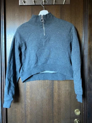 Mörkgrå cropped hoodie med dragkedja - Säljer en mörkgrå cropped hoodie med hög krage och dragkedja framtill med ringdetalj. Tröjan har långa ärmar och ribbade muddar. Perfekt för dig som gillar en avslappnad och trendig look. Materialet är mjukt och bekvämt.