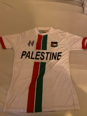 Vit Palestina fotbollströja - Säljer en vit fotbollströja med texten 'PALESTINE' på bröstet, röda och gröna ränder framtill och baktill samt emblem och karta. Tröjan har korta ärmar med röda detaljer och är tillverkad i ett lätt, sportigt material.