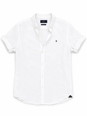 Vit linneskjorta från Morris - Fräsch vit skjorta i linne från Morris med korta ärmar, klassisk krage och knappar framtill. Liten broderad logga på bröstet och uppvikta ärmslut ger en clean och stilren look. Perfekt för varma dagar.