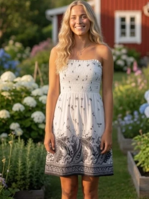 Kort svart vit mönstrad bandeau klänning / topp. Mjuk bomull / viskos. Strlk: 36, XS-SMALL. NY & OANVÄND. - Kort svart vit mönstrad bandeau klänning / topp som är sk "smockad" på överdelen. Mjuk bomull / viskos. Strlk: 36, XS-SMALL. NY & OANVÄND. Felfri. Nypris i butik var 149 kr. Modellen visar ungefär hur den ser ut på.