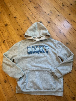 Grå Risky hoodie - Säljer en grå hoodie från Risky med ett blått  broderat tryck på bröstet där det står 'RISKY' i en drip-effekt. Hoodien har huva och en stor magficka framtill. Perfekt för dig som gillar streetwear och vill ha något unikt i garderoben.