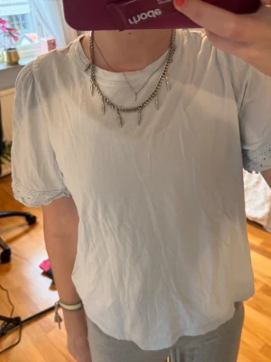Vit blus med spetsdetaljer - Säljer en vit blus med korta puffärmar och fina spetsdetaljer vid ärmsluten. Blusen har en rund halsringning och är gjord i mjukt bomullsmaterial. Perfekt för dig som gillar en enkel och clean look. Ser nu skrynklig ut men när man stryker det blir den jättefin!