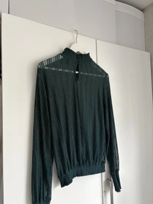 Mörkgrön transparent blus med glitter - Snygg mörkgrön blus med glitter och hög krage. Blusen är transparent med långa ärmar och har resår i midjan och vid ärmsluten. 