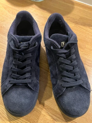 Mörkblå Polo Ralph Lauren sneakers - Snygga mörkblå sneakers från Polo Ralph Lauren i mocka med klassisk låg profil och mörkblå skosnören. Logotypen syns på hälen och innersulan. Perfekt för dig som vill ha en stilren och tidlös look. Knappt använda, jättefint begagnat skick, nypris 1295kr! 