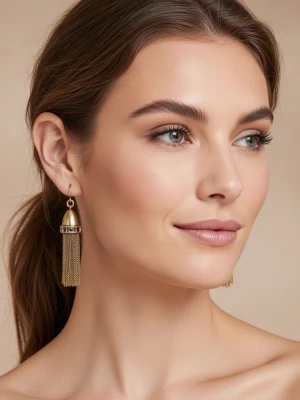 Guldpläterade örhängen med kedjor - Säljer ett par coola guldpläterade örhängen med kupolformad topp och hängande kedjor. Örhängena har en dekorativ kant med små fyrkantiga detaljer och ger en snygg statement-look. Perfekt för dig som gillar unika accessoarer.