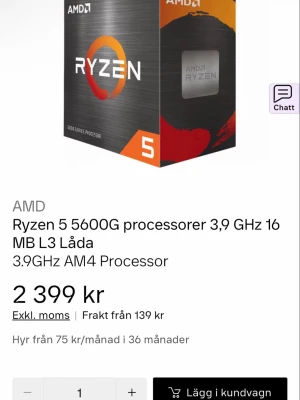 AMD Ryzen 5 5600G processor 3.9GHz - Säljer en AMD Ryzen 5 5600G processor med 3,9 GHz klockfrekvens och 16 MB L3 cache. Den har AM4-sockel och tillhör 5000-serien. Förpackningen är svart med orange detaljer och tydlig Ryzen-logga. Perfekt för gaming och krävande program.