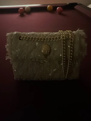 Beige kuvertväska med paljetter - Säljer en beige kuvertväska med glittriga paljetter och fransiga kanter. Väskan har en snygg guldfärgad kedja och ett dekorativt spänne framtill. Perfekt accessoar för att lyfta din outfit.